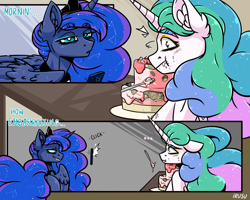 Size: 2500x2000 | Tagged: safe, artist:lrusu, character:princess celestia, character:princess luna, species:alicorn, species:pony, ..., cake, cakelestia, caught, cellphone, comic, female, food, grin, mare, phone, royal sisters, sibling rivalry, smiling, trolluna