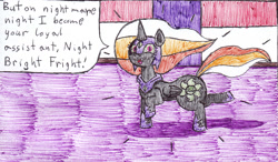 Size: 1484x864 | Tagged: safe, artist:eternaljonathan, character:princess celestia, oc, oc:night bright fright, species:alicorn, species:pony, comic:gobbling audition, alicorn oc, comic, deviantart, ink, marker drawing, questionable series, traditional art, transformation