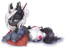 Size: 1024x743 | Tagged: safe, artist:pvrii, oc, oc only, oc:nori, species:alicorn, species:pony, alicorn oc, amputee, body markings, both cutie marks, butt freckles, chest fluff, chopsticks, chopsticks in hair, curved horn, cyberpunk, cyborg, ear piercing, eye scar, eyeshadow, fangs, female, freckles, horn, lidded eyes, makeup, mare, piercing, pillow, prosthetic limb, prosthetics, scar, simple background, slit eyes, solo, transparent background, wingless