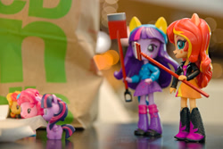 Size: 1024x684 | Tagged: safe, artist:artofmagicpoland, character:pinkie pie, character:sunset shimmer, character:twilight sparkle, character:twilight sparkle (alicorn), species:alicorn, species:pony, my little pony:equestria girls, doll, equestria girls minis, eqventures of the minis, female, irl, photo, rake, shovel, toy