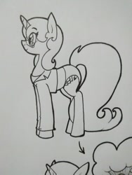 Size: 727x969 | Tagged: safe, artist:paper view of butts, oc, oc:paper butt, species:pony, species:unicorn, clothing, comic, female, glasses, horn, ink, ink drawing, jacket, mare, panties, simple background, solo, traditional art, underwear