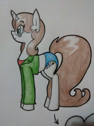 Size: 690x920 | Tagged: safe, artist:paper view of butts, oc, oc:paper butt, species:pony, species:unicorn, clothing, colored, comic, female, glasses, horn, ink, ink drawing, jacket, mare, panties, simple background, solo, traditional art, underwear