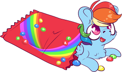 Size: 2688x1601 | Tagged: safe, artist:cutepencilcase, character:rainbow dash, species:pegasus, species:pony, candy, chest fluff, chibi, cute, dashabetes, dawwww, digital art, female, food, heart eyes, hnnng, rainbow, simple background, skittles, solo, transparent background, weapons-grade cute, wingding eyes