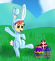 Size: 2112x2323 | Tagged: safe, artist:platinumdrop, character:apple bloom, species:pony, animal costume, bunny costume, clothing, costume, easter, easter egg, female, holiday, solo
