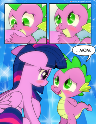 Size: 1275x1650 | Tagged: safe, artist:dsana, character:spike, character:twilight sparkle, character:twilight sparkle (alicorn), species:alicorn, species:dragon, species:pony, comic:the shadow shard, blushing, comic, crying, cute, dialogue, duo, female, floppy ears, harsher in hindsight, mama twilight, mare, semi-grimdark series, spikabetes, spikelove, tears of joy, twiabetes