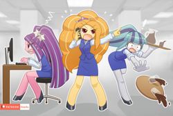 Size: 1500x1000 | Tagged: safe, artist:howxu, character:adagio dazzle, character:aria blaze, character:sonata dusk, my little pony:equestria girls, adoragio, ariabetes, clothing, coffee, computer, cute, female, high heels, keyboard, office, patreon, patreon logo, profile, shoes, skirt, skirt suit, sonatabetes, spill, suit, sweat, the dazzlings, tray