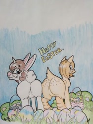Size: 690x920 | Tagged: safe, artist:paper view of butts, oc, oc:paper butt, oc:skecher haret, species:bird, species:chicken, species:pony, species:rabbit, species:unicorn, basket, brother, brother and sister, bunny ears, butt freckles, colored, easter, easter basket, easter bunny, easter egg, egg, female, freckles, glasses, holiday, horn, ink, ink drawing, looking at you, looking back, looking back at you, male, mare, plot, rear, rear view, sister, stallion, traditional art