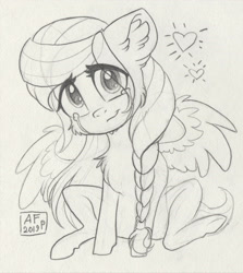 Size: 2408x2700 | Tagged: safe, artist:airfly-pony, rcf community, oc, oc only, oc:scarlett drop, species:pony, chibi, crying, female, lineart, looking at you, smiling, solo, traditional art