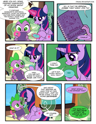 Size: 1275x1650 | Tagged: safe, artist:dsana, character:spike, character:twilight sparkle, character:twilight sparkle (alicorn), species:alicorn, species:dragon, species:pony, comic:the shadow shard, book, book cover, comic, cover, dialogue, drawing, duo, female, friendship express, male, mare, semi-grimdark series, train