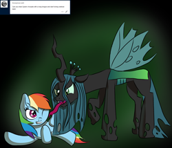 Size: 1548x1326 | Tagged: safe, artist:platinumdrop, character:queen chrysalis, character:rainbow dash, species:changeling, species:pegasus, species:pony, changeling queen, dark background, fangs, female, forked tongue, gradient background, green background, gritted teeth, licking, mare, one eye closed, request, shipping, simple background, taste the rainbow, tongue out, tumblr, tumblr:ask-platinumdrop