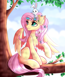 Size: 2477x2928 | Tagged: safe, artist:airiniblock, rcf community, character:angel bunny, character:fluttershy, species:pegasus, species:pony, anatomically incorrect, collaboration, cute, dappled sunlight, duo, female, floral head wreath, flower, head turn, human shoulders, looking up, mare, outdoors, raised hoof, sitting, smiling, spread wings, tree, tree branch, wings