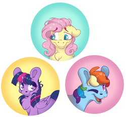 Size: 5318x4938 | Tagged: safe, artist:cutepencilcase, character:fluttershy, character:rainbow dash, character:twilight sparkle, character:twilight sparkle (alicorn), species:alicorn, species:pegasus, species:pony, bucktooth, bust, chest fluff, heart eyes, looking at you, looking away, one eye closed, portrait, simple background, smiling, transparent background, trio, wingding eyes, wink