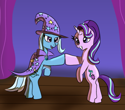 Size: 1667x1465 | Tagged: safe, artist:platinumdrop, character:starlight glimmer, character:trixie, species:pony, species:unicorn, best friends, bipedal, cape, clothing, curtains, duo, female, hat, hoofbump, magic show, mare, smiling, stage, trixie's cape, trixie's hat