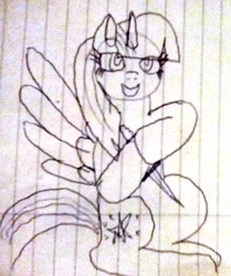 Size: 982x1174 | Tagged: safe, artist:platinumdrop, character:twilight sparkle, character:twilight sparkle (alicorn), species:alicorn, species:pony, dagger, female, ink, lined paper, monochrome, sketch, solo, traditional art, weapon