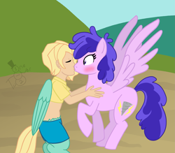 Size: 1953x1708 | Tagged: safe, artist:oneovertwo, character:plumberry, oc, oc:gale, parent:zephyr breeze, satyr, species:pegasus, species:pony, blushing, canon x oc, clothing, female, kissing, male, midriff, older, shipping, short shirt, straight