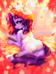 Size: 613x808 | Tagged: safe, artist:dolorosacake, oc, oc only, species:pony, species:unicorn, book, female, flower, flower in hair, looking at you, looking back, looking back at you, mare, rear view, solo, ych result