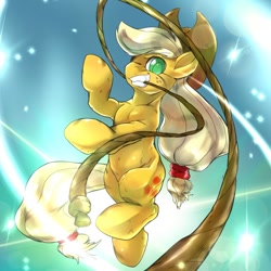 Size: 960x960 | Tagged: safe, artist:kurogewapony, character:applejack, species:earth pony, species:pony, abstract background, applejack's hat, clothing, cowboy hat, female, freckles, hat, lasso, looking at you, mare, mouth hold, rope, smiling, solo, stetson