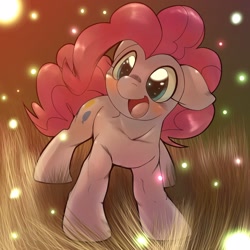 Size: 1536x1536 | Tagged: safe, artist:kurogewapony, character:pinkie pie, species:earth pony, species:pony, blushing, cute, diapinkes, female, floppy ears, grass, mare, open mouth, smiling, solo, sparkles