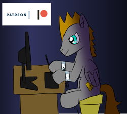Size: 1143x1027 | Tagged: safe, artist:platinumdrop, oc, oc only, oc:platinumdrop, species:pony, drawing tablet, gradient background, monitor, patreon, patreon logo, shackles