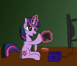 Size: 2684x2312 | Tagged: safe, artist:platinumdrop, character:twilight sparkle, character:twilight sparkle (unicorn), species:pony, species:unicorn, bowl, chips, controller, female, food, game console, gamecube, gamer twi, glowing horn, magic, nachos, request, sitting, smiling, solo, telekinesis, television