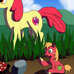 Size: 2048x2048 | Tagged: safe, artist:platinumdrop, character:apple bloom, character:big mcintosh, species:earth pony, species:pony, cutie mark, female, filly, ladybug, micro, shrunk, the cmc's cutie marks, unshorn fetlocks