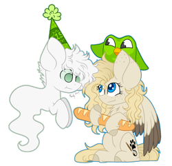 Size: 1280x1234 | Tagged: safe, artist:mintoria, oc, oc only, oc:dusty, oc:may, species:pegasus, species:pony, baguette, bread, clothing, duolingo, female, food, ghost, hat, mare, party hat, simple background, transparent background, two toned wings