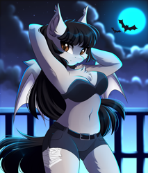 Size: 3401x3993 | Tagged: safe, artist:airiniblock, rcf community, oc, oc only, species:anthro, species:bat pony, species:pony, adorasexy, anthro oc, armpits, bat pony oc, belly button, breasts, chest fluff, cleavage fluff, clothing, commission, cute, female, full moon, mare, midriff, moon, night, sexy, shorts, slit eyes, slit pupils, solo, stars