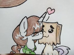 Size: 1227x920 | Tagged: safe, artist:paper view of butts, oc, oc:paper bag, oc:paper butt, species:pony, species:unicorn, bag, blushing, close-up, clothing, colored, glasses, heart, horn, ink, ink drawing, jacket, kissing, paper bag, ship, shipping, simple background, traditional art