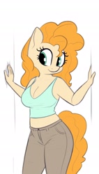 Size: 1414x2490 | Tagged: safe, artist:andelai, character:pear butter, species:anthro, species:earth pony, species:pony, breasts, busty pear butter, cleavage, clothing, female, mare, midriff, pants, smiling, solo, tank top