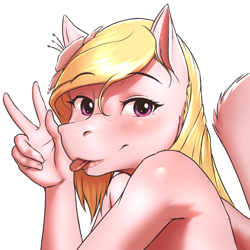 Size: 1900x1900 | Tagged: safe, artist:mykegreywolf, oc, oc only, oc:vee, species:anthro, species:pegasus, species:pony, anthro oc, bare shoulder portrait, bare shoulders, blonde, bust, cute, female, flower, flower in hair, looking at you, mare, peace sign, pink fur, portrait, sketch, smiling, solo, tongue out, wings