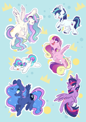 Size: 1795x2528 | Tagged: safe, artist:cutepencilcase, character:princess cadance, character:princess celestia, character:princess flurry heart, character:princess luna, character:shining armor, character:twilight sparkle, character:twilight sparkle (alicorn), species:alicorn, species:pony, species:unicorn, alicorn pentarchy, chest fluff, colored, cute, flurrybetes, missing accessory, prone, smiling, sploot, tongue out, unshorn fetlocks