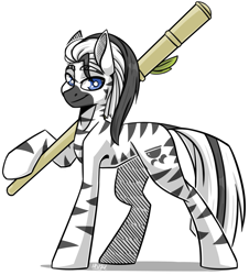Size: 2037x2251 | Tagged: safe, artist:lrusu, oc, oc only, oc:xurabi, species:zebra, fallout equestria, female, gunstaff, male, quadrupedal, simple background, solo, staff, white background