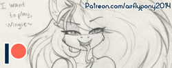 Size: 988x396 | Tagged: safe, artist:airfly-pony, rcf community, oc, oc:miranda, species:pony, advertisement, looking at you, patreon, patreon exclusive, patreon link, patreon logo, patreon preview, paywall content, smiling, solo, traditional art