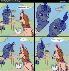 Size: 4000x4150 | Tagged: safe, artist:sky-railroad, artist:viwrastupr, oc, oc only, oc:kno change, species:kirin, species:pony, comic:the not very magical adventures of kno change, asparagus, comic, food, head tilt, vendor stall