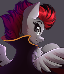 Size: 3019x3503 | Tagged: safe, artist:airiniblock, rcf community, oc, oc only, oc:ruza, species:pegasus, species:pony, cape, clothing, commission, fangs, gray background, looking back, simple background, solo