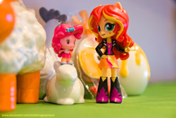 Size: 1024x683 | Tagged: safe, artist:artofmagicpoland, character:pinkie pie, character:sunset shimmer, my little pony:equestria girls, birthday gift art, cutie mark crew, doll, equestria girls minis, female, gift art, irl, looking at each other, photo, toy