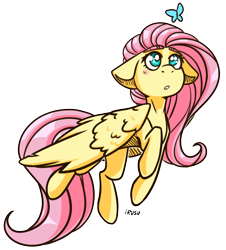 Size: 1732x1916 | Tagged: safe, artist:lrusu, character:fluttershy, species:pegasus, species:pony, butterfly, female, floppy ears, looking at something, looking up, mare, open mouth, simple background, solo, spread wings, three quarter view, transparent background, wings