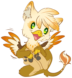 Size: 3390x3646 | Tagged: safe, artist:cutepencilcase, oc, oc only, oc:ember burd, species:griffon, chibi, colored wings, commission, cute, eared griffon, gradient wings, griffon oc, heart eyes, holding paws, legs in air, male, multicolored wings, on back, open mouth, paw pads, paws, simple background, solo, spread wings, talons, transparent background, underpaw, wingding eyes, wings