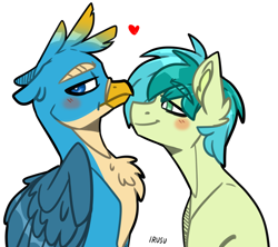 Size: 2405x2134 | Tagged: safe, artist:lrusu, character:gallus, character:sandbar, species:earth pony, species:griffon, species:pony, ship:gallbar, chest fluff, cute, gallabetes, gay, looking away, male, quadrupedal, sandabetes, shipping, simple background, smiling, teenager, tsundere