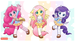 Size: 1920x1080 | Tagged: safe, artist:howxu, character:angel bunny, character:fluttershy, character:pinkie pie, character:rarity, species:anthro, species:earth pony, species:pegasus, species:plantigrade anthro, species:rabbit, species:unicorn, my little pony:equestria girls, ambiguous facial structure, animal, bag, blushing, clothing, cute, dawwww, diapinkes, floppy ears, howxu is trying to murder us, looking at you, mary janes, moe, no nose, open mouth, patreon, patreon logo, peace sign, pleated skirt, raribetes, sailor uniform, school uniform, shoes, shyabetes, skirt, smiling, socks, uniform, weapons-grade cute