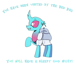 Size: 1222x1088 | Tagged: safe, artist:dsana, edit, oc, oc only, oc:dopple, species:changeling, species:reformed changeling, bed bug, grin, male, meme, pillow, pun, raised hoof, simple background, smiling, transparent background, visual gag, you have been visited by