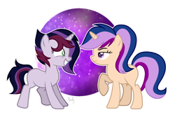 Size: 1280x842 | Tagged: safe, artist:mintoria, base used, oc, oc only, oc:amethyst storm, oc:moonstone light, parent:flash sentry, parent:king sombra, parent:twilight sparkle, parents:flashlight, parents:twibra, species:pony, species:unicorn, female, half-siblings, mare, offspring