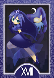 Size: 1200x1728 | Tagged: safe, artist:howxu, character:princess luna, species:human, building, clothing, crescent moon, crown, cute, dress, duo, evening gloves, female, gloves, humanized, jester, jewelry, long gloves, lunabetes, moon, night, regalia, smiling, tarot card