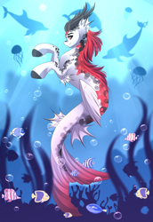 Size: 2077x3024 | Tagged: safe, artist:airiniblock, rcf community, oc, oc only, oc:yakeishi, species:pony, bubble, commission, crepuscular rays, dolphin, fish, hippocampus, hybrid, jellyfish, looking at you, male, merpony, smiling, stallion, underwater