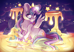 Size: 3508x2481 | Tagged: safe, artist:cutepencilcase, character:princess celestia, species:alicorn, species:pony, g4, chest fluff, cutie mark, female, horn, lava, smiling, solo, stars, unshorn fetlocks, volcano, wings