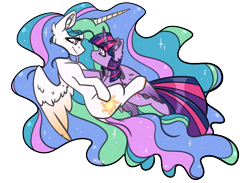Size: 3000x2200 | Tagged: safe, artist:lrusu, character:princess celestia, character:twilight sparkle, character:twilight sparkle (alicorn), species:alicorn, species:pony, ship:twilestia, female, lesbian, looking at each other, mare, shipping, simple background, smiling, transparent background
