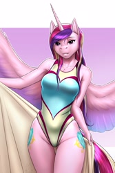 Size: 1900x2850 | Tagged: safe, artist:mykegreywolf, character:princess cadance, species:alicorn, species:anthro, species:pony, both cutie marks, breasts, busty princess cadance, chest fluff, cleavage fluff, clothing, female, high-cut clothing, mare, milf, one-piece swimsuit, sexy, shoulder fluff, solo, spread wings, stupid sexy princess cadance, swimsuit, towel, uncanny valley, wet mane, wings