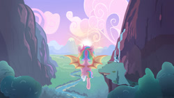 Size: 1280x721 | Tagged: safe, artist:hawthornss, oc, oc:paper stars, species:bat pony, species:pony, amputee, bandage, cliff, cloud, cute, ear fluff, flying, forest, mountain, scenery, solo, sun, sunrise, underhoof, valley, waterfall