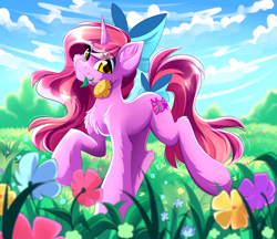 Size: 1280x1108 | Tagged: safe, artist:airiniblock, rcf community, oc, oc only, oc:candy heart, species:pony, species:unicorn, bow, cute, eyeshadow, female, flower, flower in mouth, grass field, hair bow, looking at you, makeup, mare, mouth hold, sky, solo, tail bow