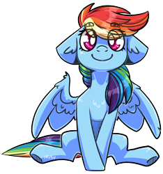 Size: 1452x1548 | Tagged: safe, artist:lrusu, character:rainbow dash, species:pegasus, species:pony, cute, dashabetes, ear fluff, eye clipping through hair, eyebrows, eyebrows visible through hair, female, floppy ears, looking at you, mare, simple background, sitting, smiling, solo, transparent background, white pupils, wing fluff
